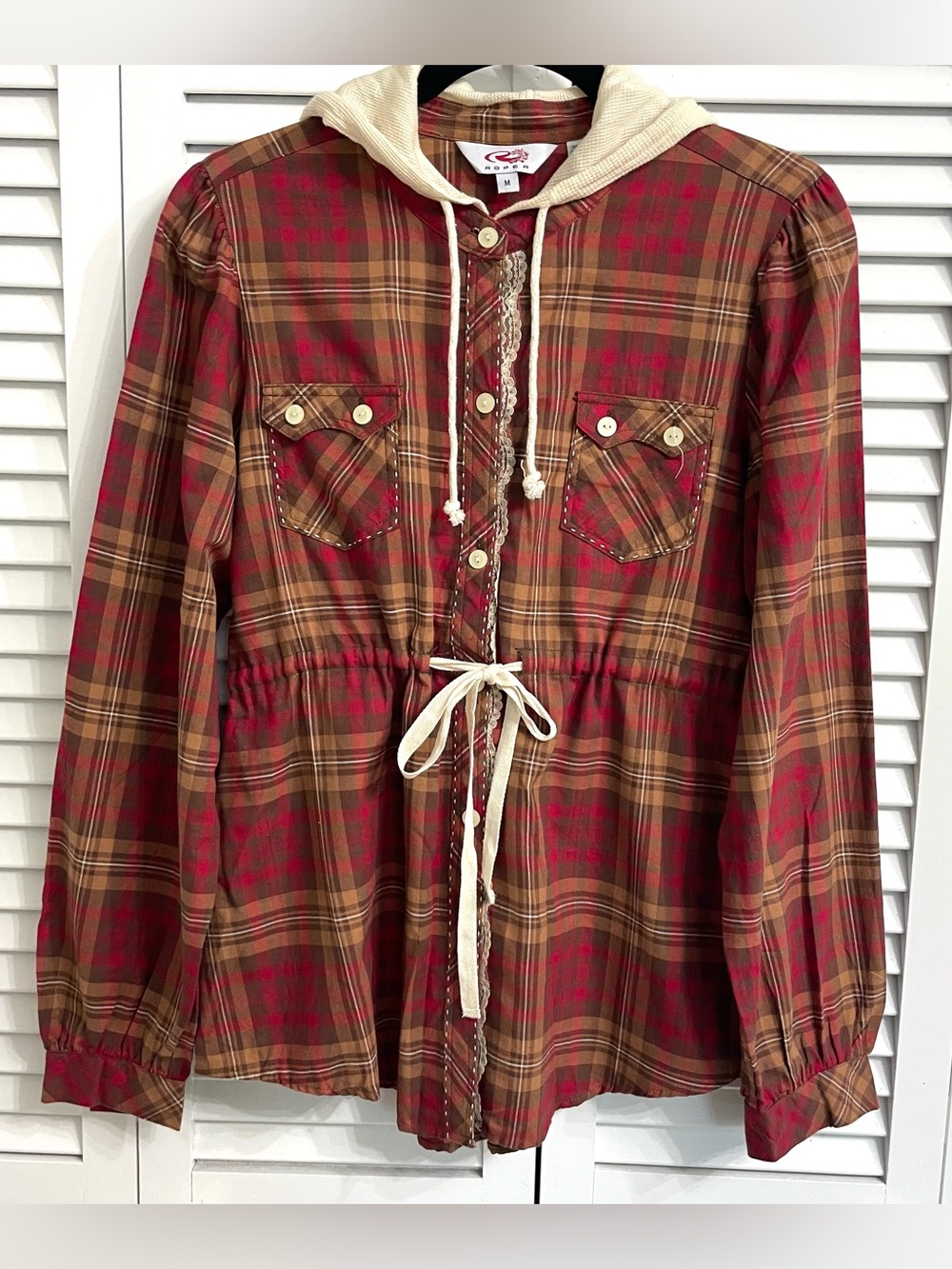 NWT Roper Womens Western Plaid Button Front Shirt Red/Rust Hooded Lace Cowgirl M